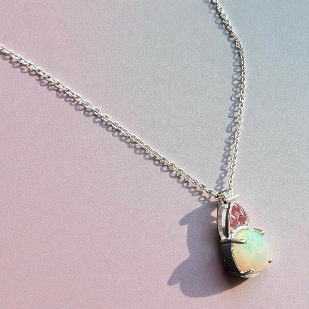 Ethiopian Welo Opal Niassa Ruby Pendant Necklace 925 Sterling Silver 20in Chain - Picture 7 of 9